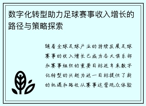 数字化转型助力足球赛事收入增长的路径与策略探索