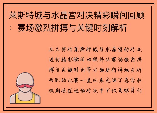 莱斯特城与水晶宫对决精彩瞬间回顾：赛场激烈拼搏与关键时刻解析