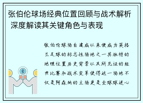 张伯伦球场经典位置回顾与战术解析 深度解读其关键角色与表现